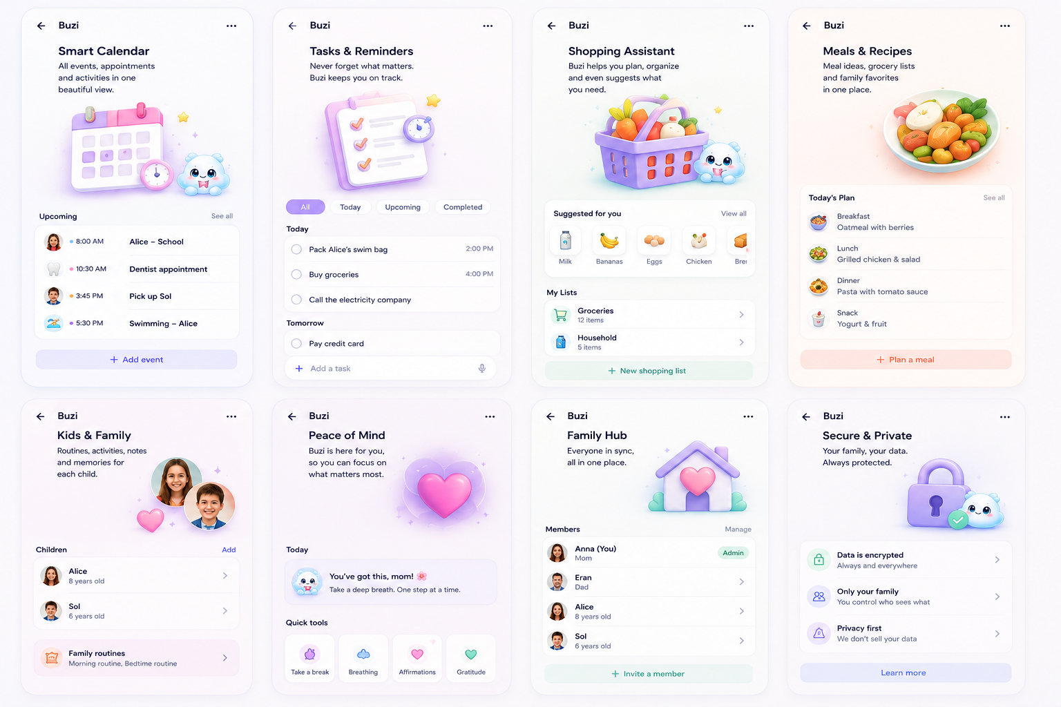 BUZI app screens: smart calendar, tasks & reminders, shopping assistant, meals & recipes, kids & family, peace of mind, family hub, and secure & private