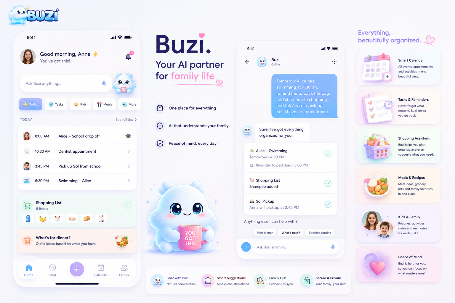 BUZI app: today's schedule, tasks, shopping list, and a real conversation planning Alice's swimming lesson, shopping, and pickup — all handled in one chat